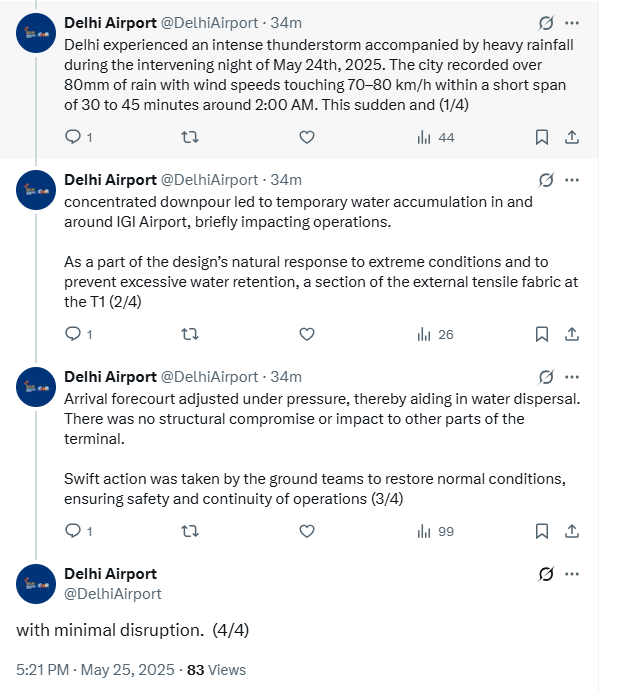 Delhi: Tensile Fabric Roof at IGI Airport Collapses Due to Water Pressure Delhi: Tensile Fabric Roof at IGI Airport Collapses Due to Water Pressure