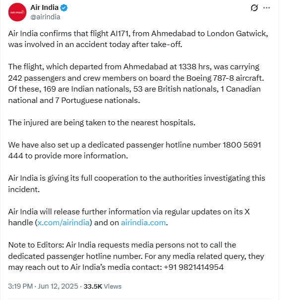 Breaking News: Air India Flight AI171 En Route to London Crashes Near Ahmedabad Airport