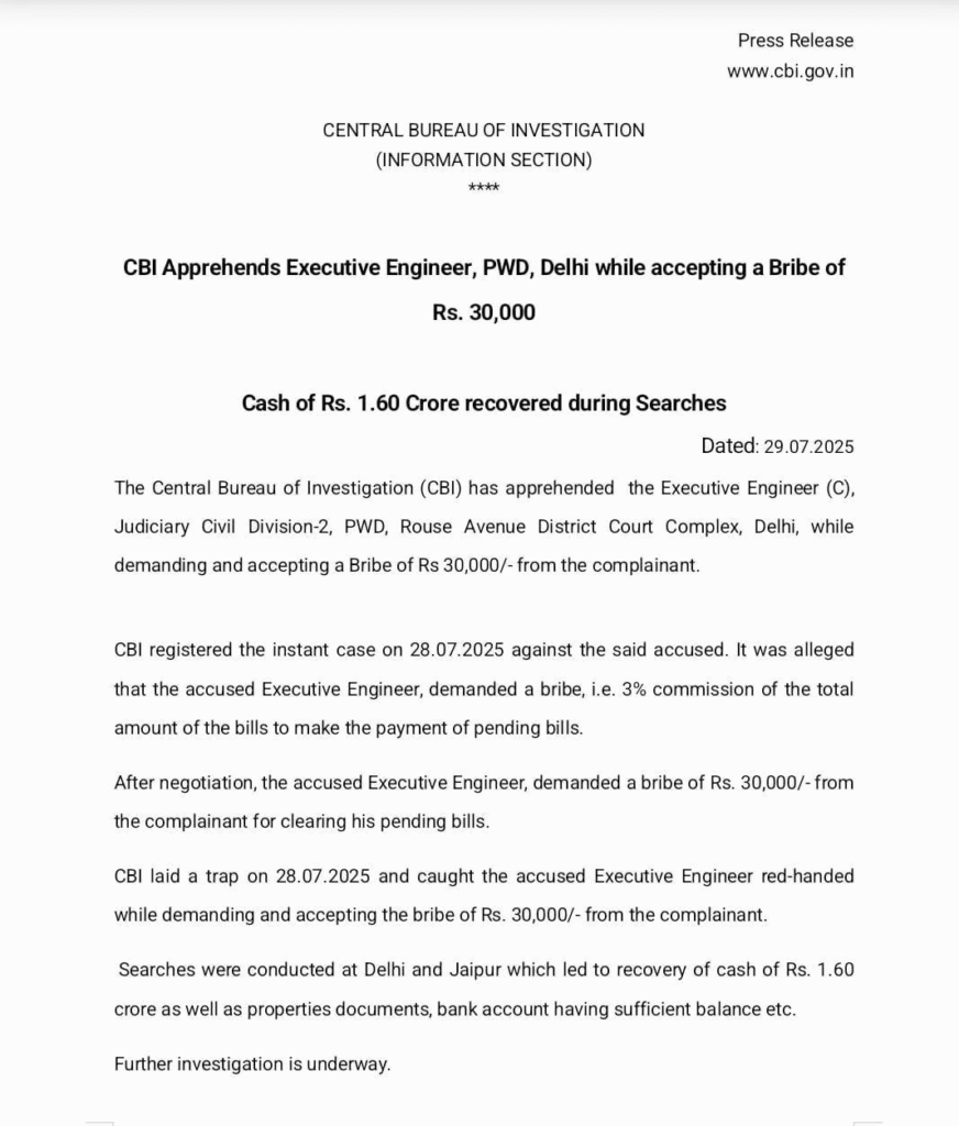 CBI Arrests PWD Executive Engineer with ₹30,000 Bribe, Recovers ₹1.60 Crore Cash and Property Documents in Delhi-Jaipur Raids CBI Arrests PWD Executive Engineer with ₹30,000 Bribe, Recovers ₹1.60 Crore Cash and Property Documents in Delhi-Jaipur Raids