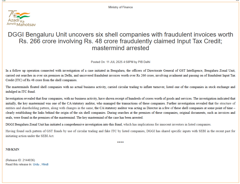 GST Fraud Busted: DGGI Bengaluru Unit Uncovers Rs 266 Cr Fake Invoices, Rs 48 Cr ITC Scam in Delhi Shell Firms GST Fraud Busted: DGGI Bengaluru Unit Uncovers Rs 266 Cr Fake Invoices, Rs 48 Cr ITC Scam in Delhi Shell Firms