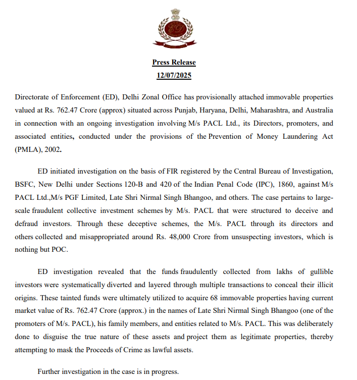 ED Attaches ₹762.47 Crore Worth of PACL-Linked Properties in Multi-Crore Fraud Case ED Attaches ₹762.47 Crore Worth of PACL-Linked Properties in Multi-Crore Fraud Case