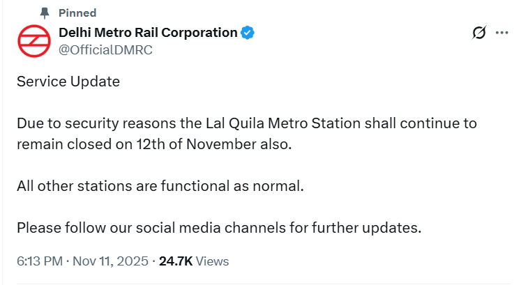 Lal Qila Metro Station Closure Extended: DMRC Confirms Gates to Stay Shut on November 12, Delhi on High Alert After Blast