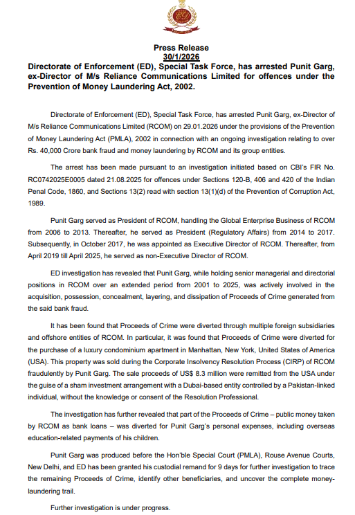 ₹40,000-Crore RCOM Bank Fraud: ED Arrests Former Director Punit Garg Under PMLA ₹40,000-Crore RCOM Bank Fraud: ED Arrests Former Director Punit Garg Under PMLA
