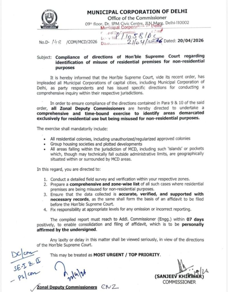 MCD Issues Urgent Order to Identify Misuse of Residential Properties Following Supreme Court Directions