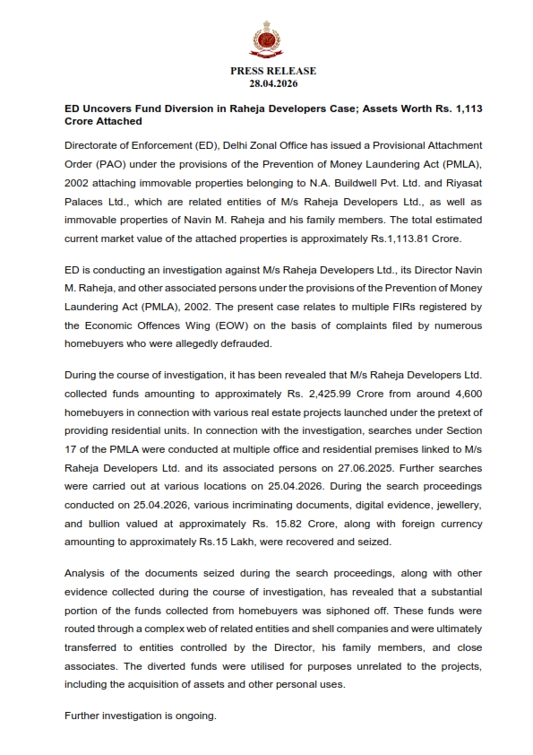 ED Attaches ₹1,113 Crore Assets in Raheja Developers Case; Probe Reveals ₹2,425 Crore Homebuyer Fund Diversion