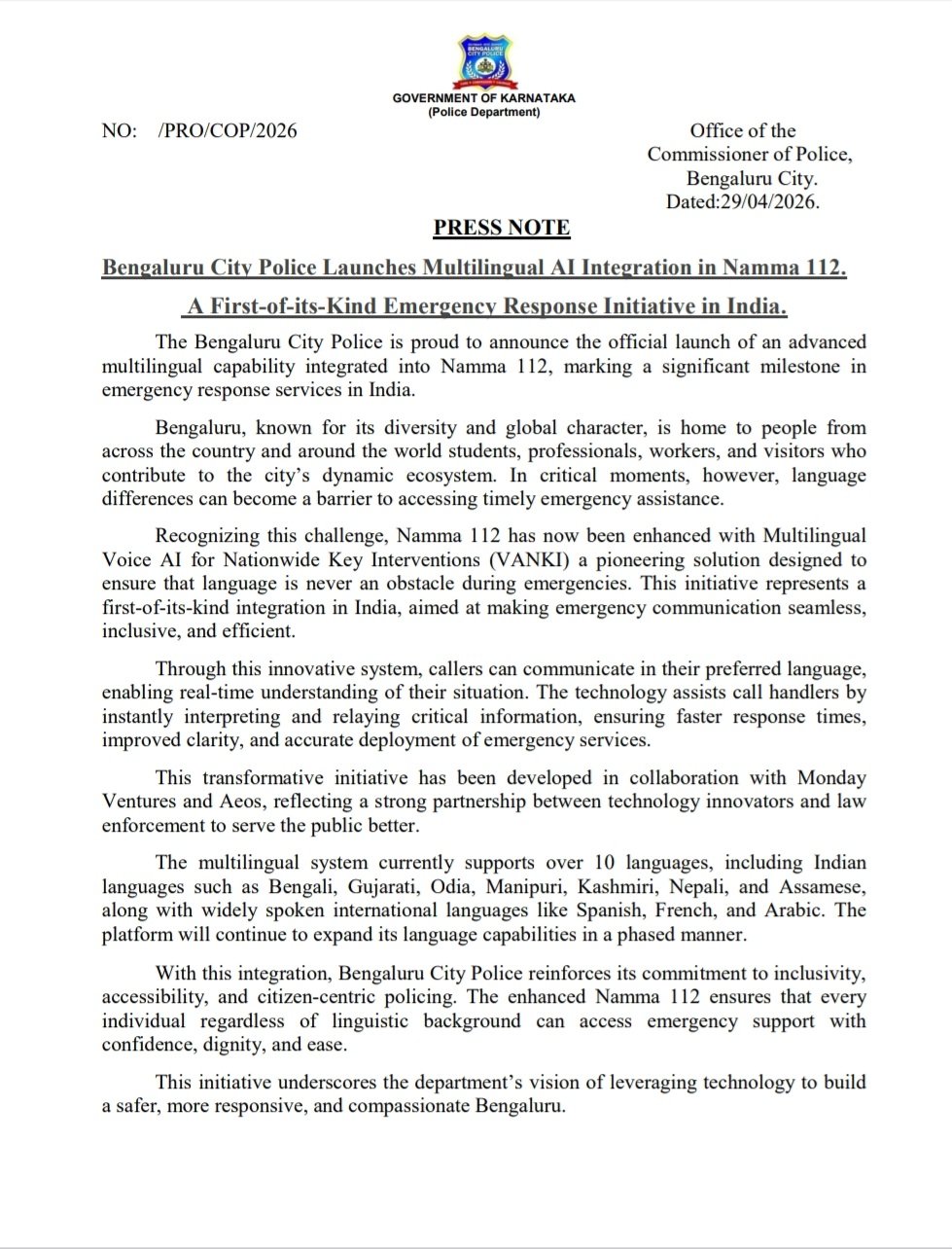 “Speak Spanish, French or Arabic—Help Will Respond”: Bengaluru Police Launch Multilingual AI in Namma 112