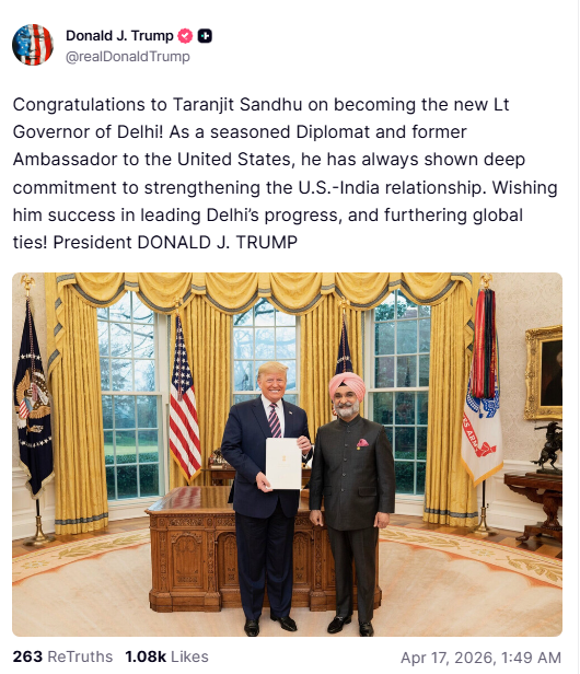 Donald Trump Congratulates Taranjit Singh Sandhu on Appointment as Delhi LG