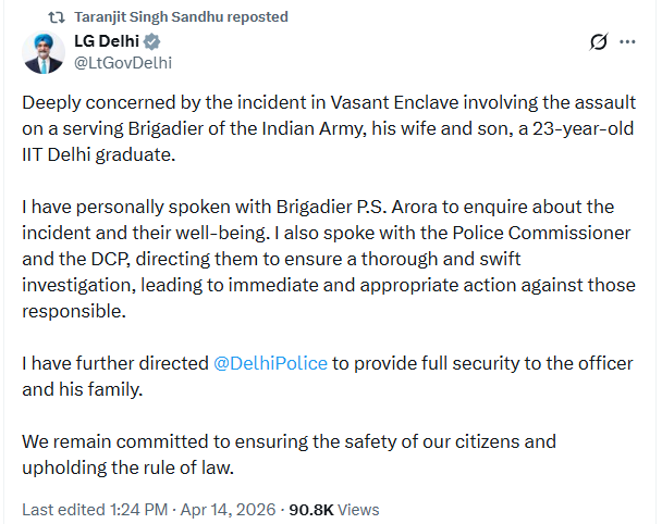 Delhi LG Taranjit Singh Sandhu Orders Swift Action in Brigadier Assault Case, Assures Security to Family Delhi LG Taranjit Singh Sandhu Orders Swift Action in Brigadier Assault Case, Assures Security to Family