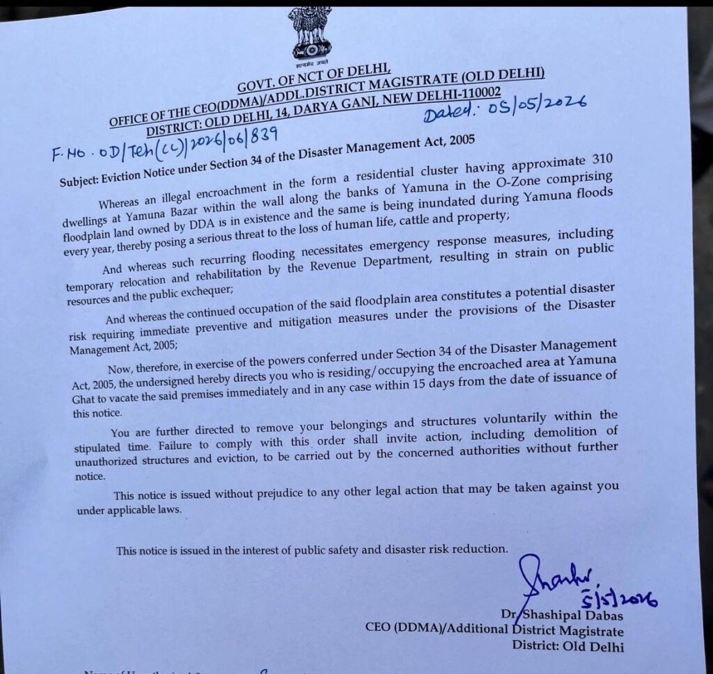 Old Delhi Administration Issues Eviction Notice to Yamuna Floodplain Encroachments Under Disaster Management Act