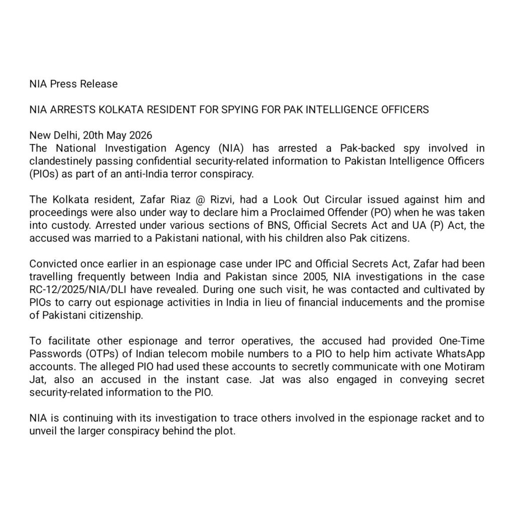 NIA Arrests Kolkata Resident for Spying for Pakistani Intelligence Officers