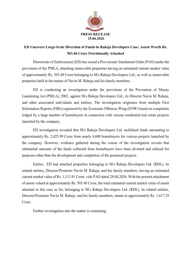 ED Attaches ₹503.48 Crore Assets in Raheja Developers Case; Total Seizures Reach ₹1,617.29 Crore ED Attaches ₹503.48 Crore Assets in Raheja Developers Case; Total Seizures Reach ₹1,617.29 Crore