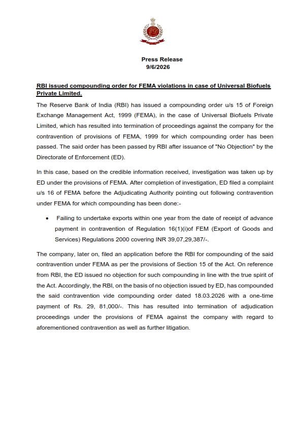 RBI Closes FEMA Proceedings Against Universal Biofuels After ED Clearance; ₹29.81 Lakh Compounding Amount Paid