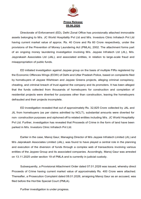 ED Attaches ₹100 Crore Assets Linked to Jaypee Group Money Laundering Case; Total Seizures Reach ₹500 Crore