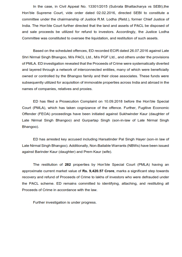 ED Secures Restitution of 282 PACL Properties Worth ₹9,420 Crore; Major Relief Expected for Lakhs of Defrauded Investors ED Secures Restitution of 282 PACL Properties Worth ₹9,420 Crore; Major Relief Expected for Lakhs of Defrauded Investors