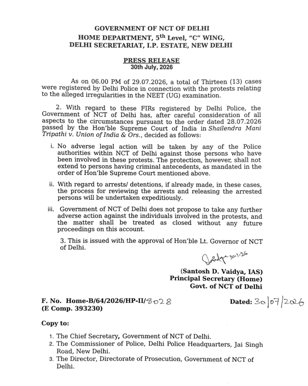 Delhi Government Closes Protest Cases, Orders No Further Legal Action Against NEET Protesters Delhi Government Closes Protest Cases, Orders No Further Legal Action Against NEET Protesters