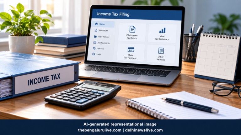 AI-generated illustration of a laptop, calculator and income tax file on a desk