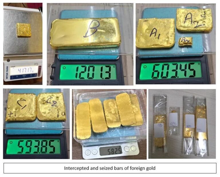 Gold bars and weighing scales in the seizure photographs shared by the Ministry of Finance
