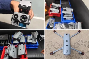 Customs photographs showing drones, camera equipment and cases seized at Delhi’s IGI Airport