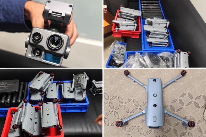 Customs photographs showing drones, camera equipment and cases seized at Delhi’s IGI Airport
