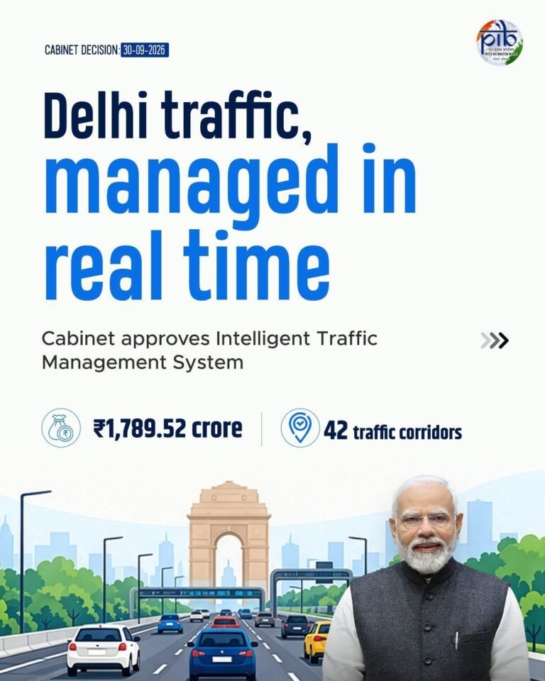 PIB infographic announcing Delhi’s ₹1,789.52 crore traffic management project across 42 corridors