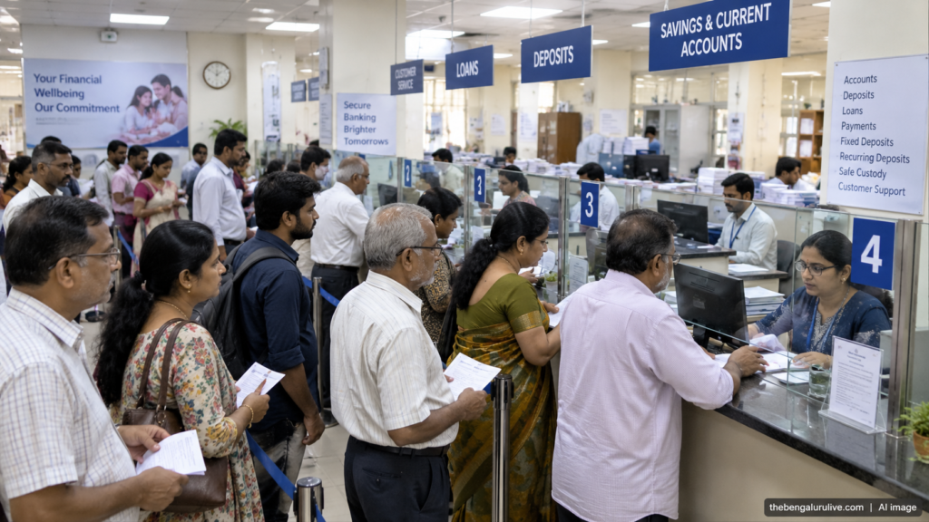 AI-generated illustration of customers queuing at bank counters, labelled thebengalurulive.com | AI image