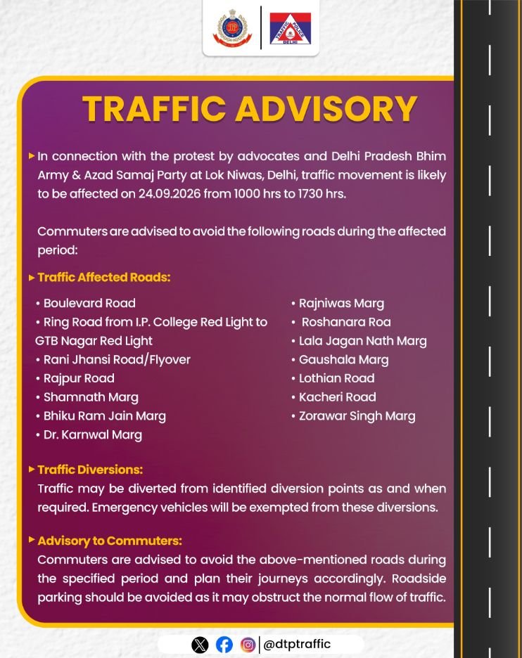 Delhi Traffic Police advisory listing 14 roads affected near Lok Niwas on September 24, 2026