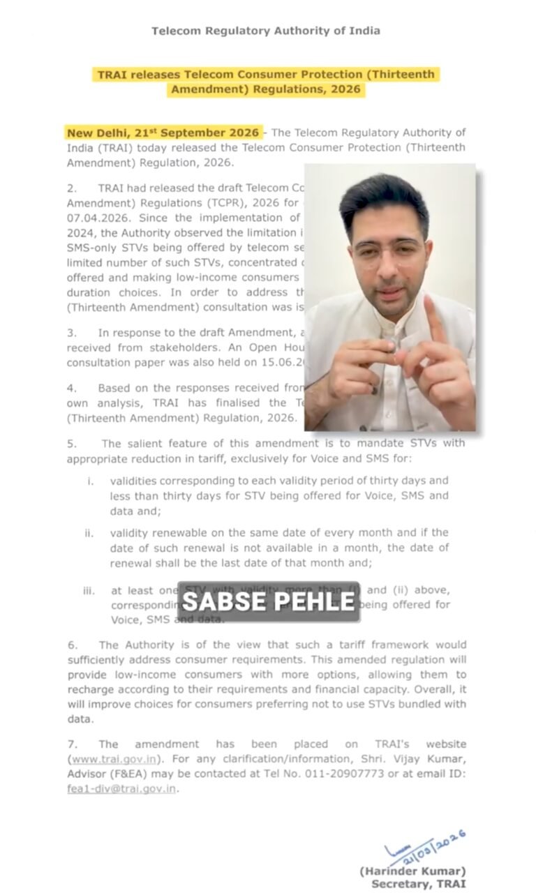 Raghav Chadha Welcomes Prepaid Plan Changes, Highlights Voice-and-SMS Options Raghav Chadha discusses prepaid mobile plans, with a TRAI notice visible in the background