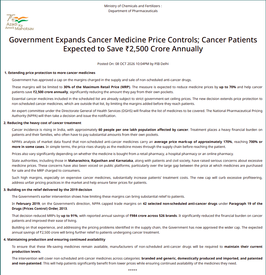 Cancer Medicine Margin Cap Approved; Government Projects ₹2,500-Crore Annual Savings Full government release on cancer medicine trade margin cap
