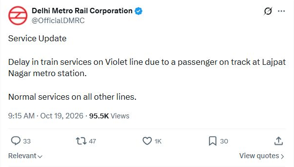 Delhi Metro’s Violet Line Services Resume After Lajpat Nagar Disruption DMRC original 9:15 am disruption update, 19 October 2026