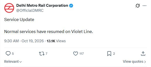 Delhi Metro’s Violet Line Services Resume After Lajpat Nagar Disruption DMRC original 9:30 am Violet Line restoration update, 19 October 2026