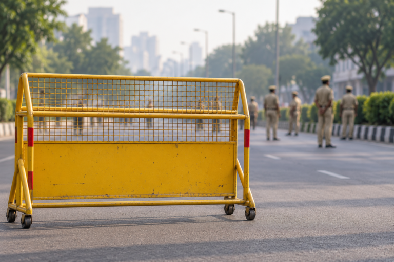 AI-generated representational image of a generic barricade and distant police personnel; not the actual arrests