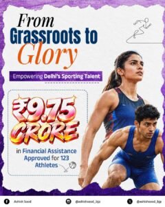 Graphic announcing ₹9.75 crore in approved financial assistance for 123 Delhi athletes