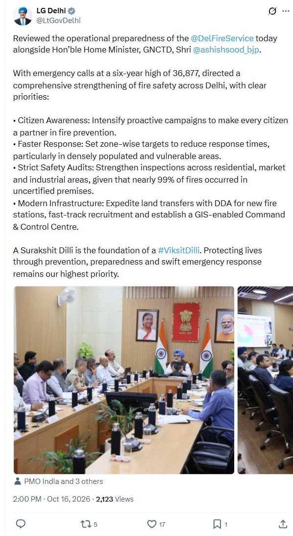 Delhi LG orders faster fire response as emergency calls hit six-year high Complete LG Delhi X post and timestamp