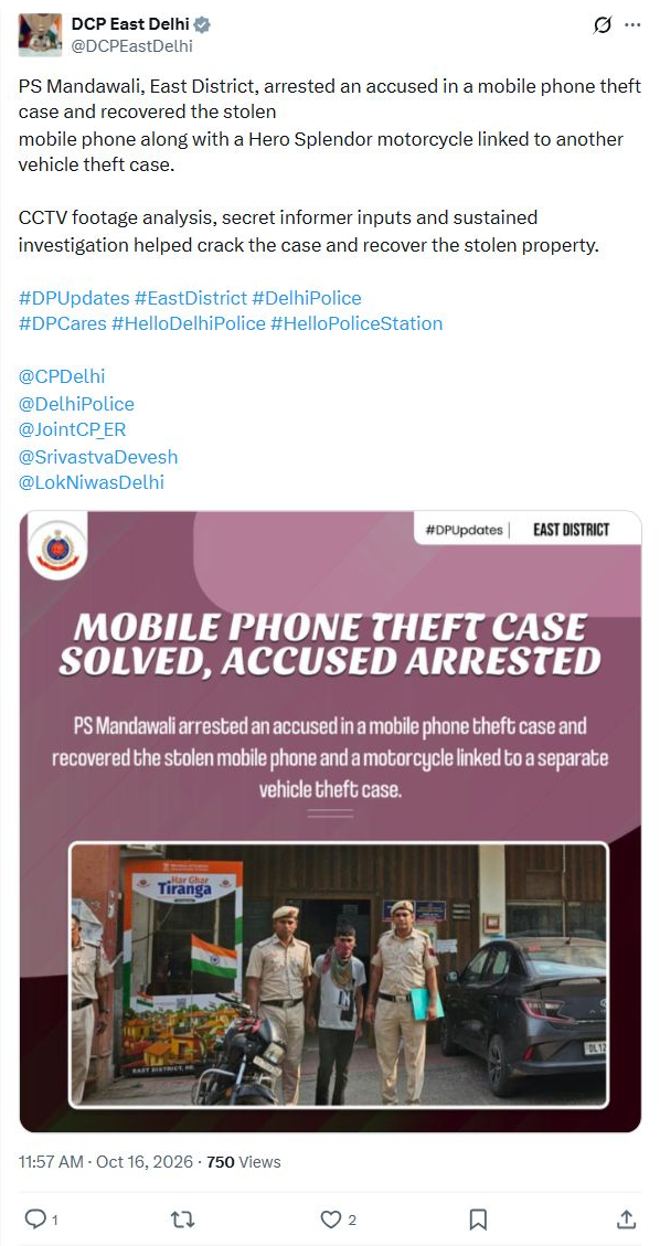 Mandawali police arrest mobile-theft accused, recover stolen phone and motorcycle Complete original source post with account identity and timestamp