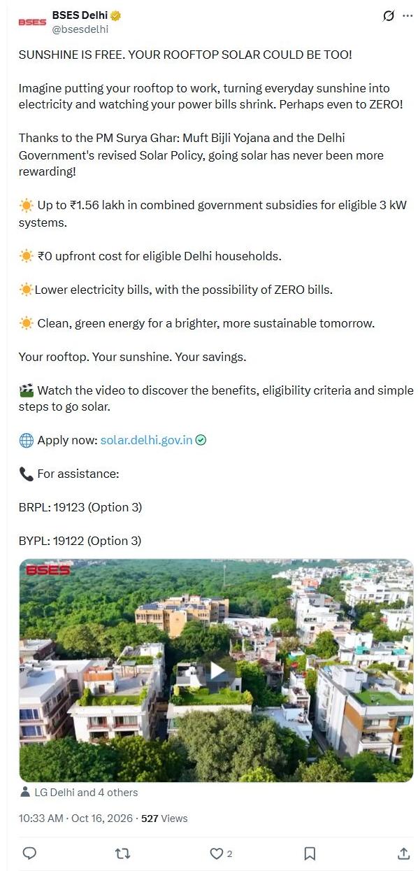 BSES highlights up to Rs 1.56 lakh rooftop solar subsidy for eligible Delhi homes Complete original source post with account identity and timestamp