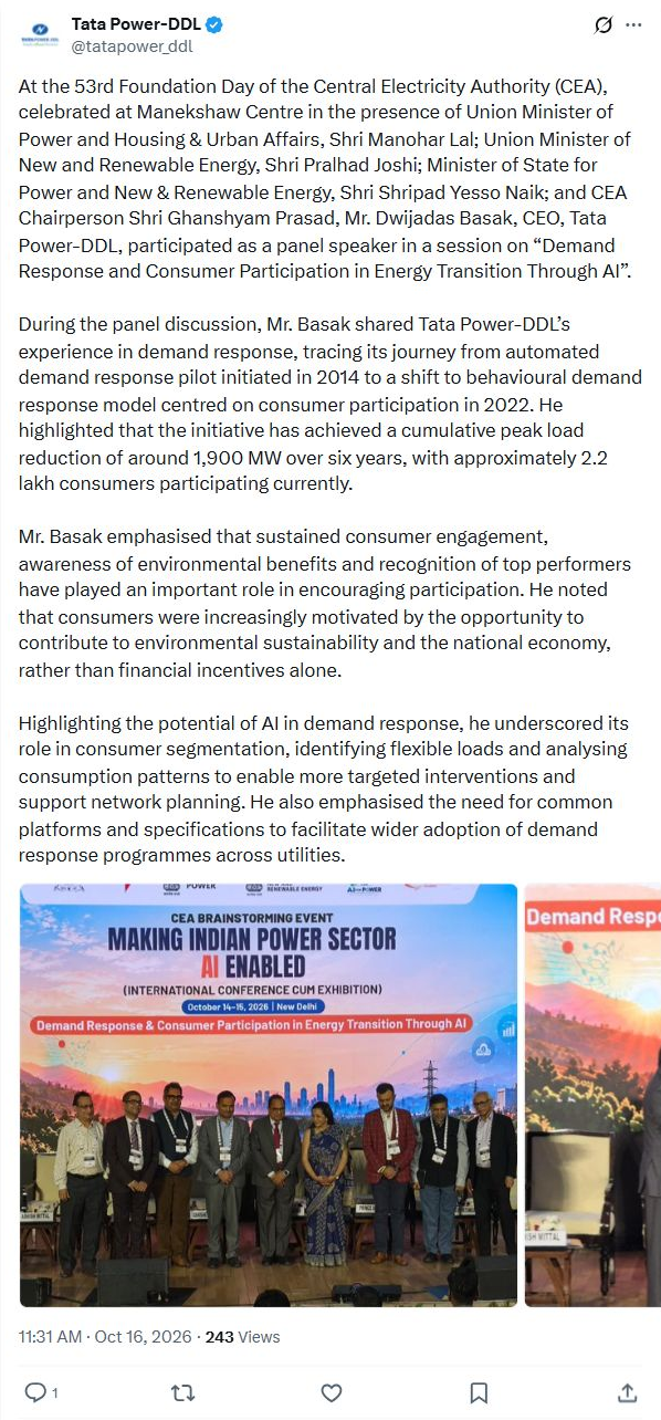 Tata Power-DDL reports 1,900 MW cumulative peak-load reduction over six years Complete original source post with account identity and timestamp