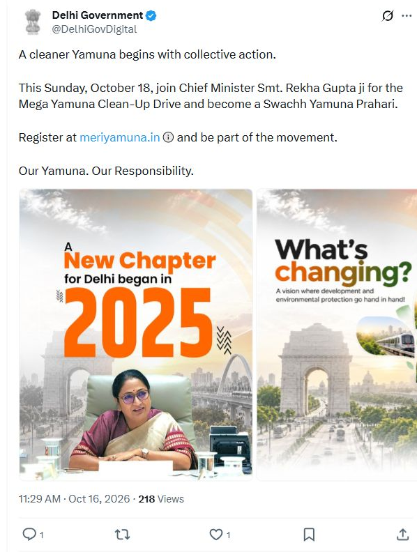 Delhi invites volunteers for October 18 Yamuna clean-up drive with Rekha Gupta Complete original source post with account identity and timestamp