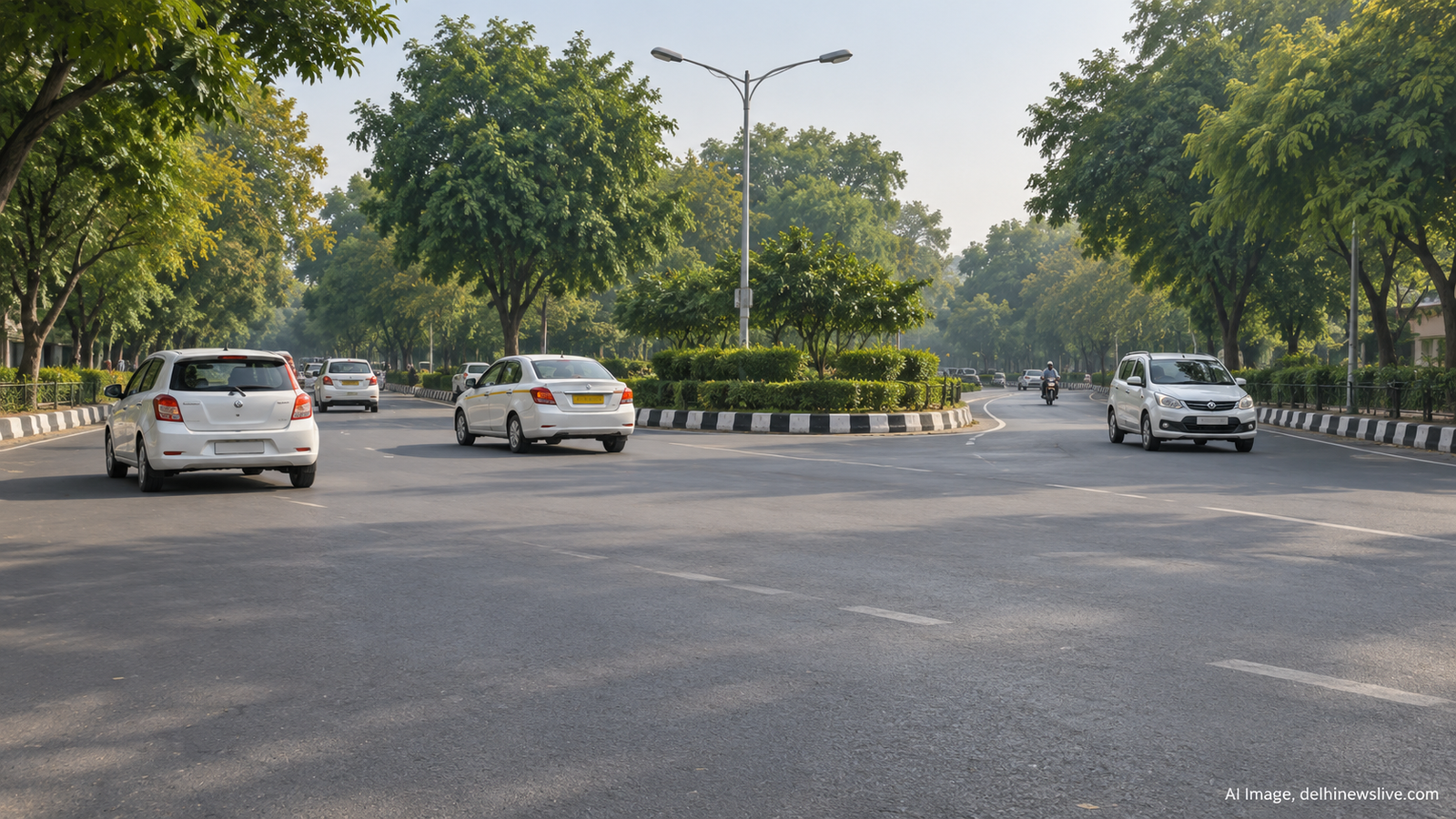 Dwarka Road 224 Carriageway Closed for About 15 Days; Diversion via Road 210 AI illustration of a tree-lined Delhi road junction with cars