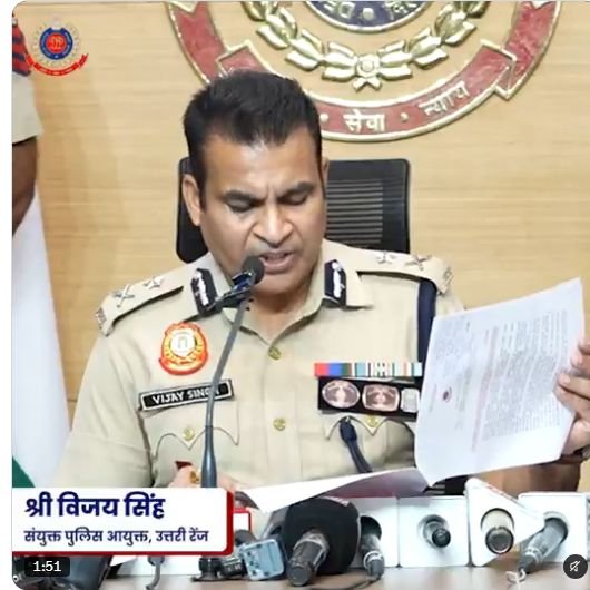 Delhi Police officer briefing the media on the ₹7.36-crore cyber-fraud investigation, in a frame from the official police video