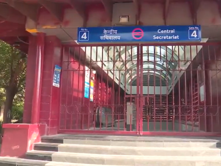 Closed gates at Gate 4 of Central Secretariat Metro station in Delhi