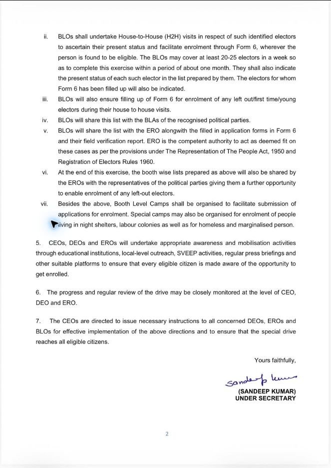 ECI Orders Pre- and Post-SIR Roll Check, Door-to-Door Drive for Left-Out Voters ECI special enrolment drive directions, page 2
