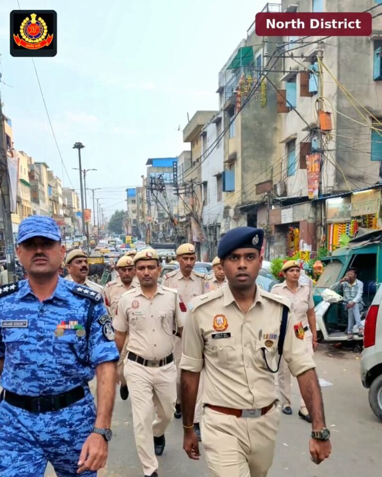 North Delhi Police Patrol Led by Additional DCP Pukhraj Kamal Gupta Focuses on Public Outreach Police personnel on patrol in North Delhi in a frame from the North District police video