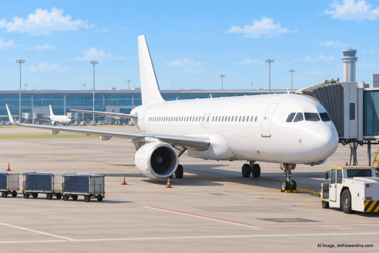 AI-generated representational illustration of a generic passenger aircraft at an airport; not flight AI2030 or the actual incident