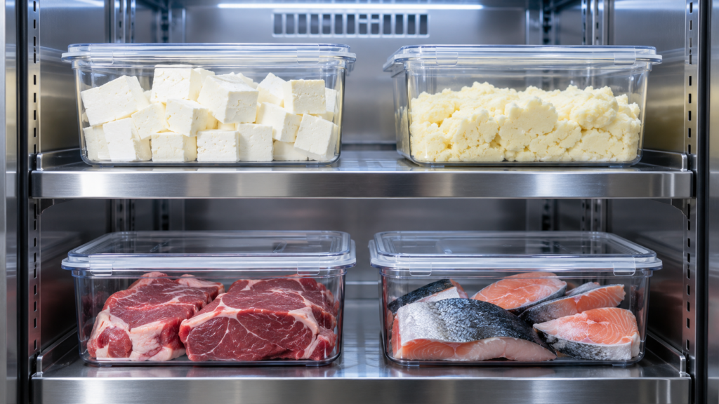 AI representational image of paneer, khoya, meat and fish in separate food-grade containers inside a refrigerator