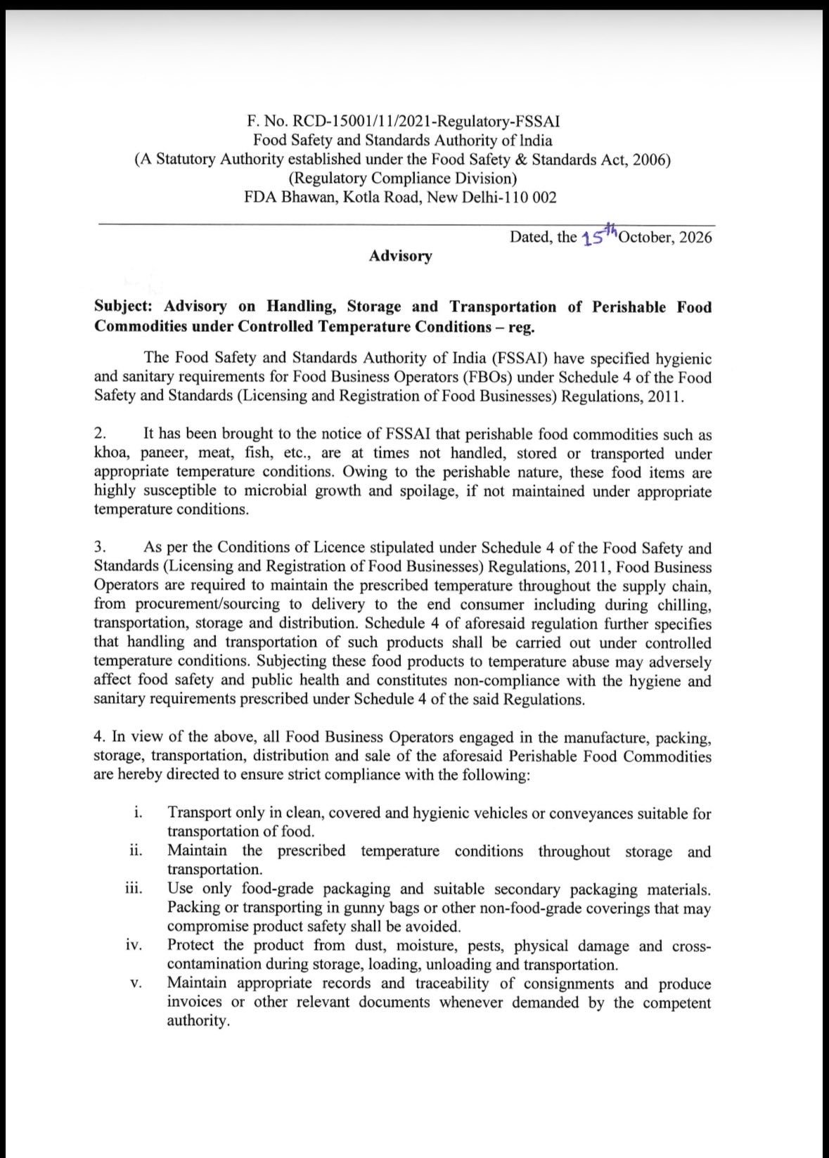 FSSAI Tells Food Businesses to Maintain Cold Chain for Khoya, Paneer, Meat and Fish FSSAI perishable food advisory dated October 15, 2026, page 1