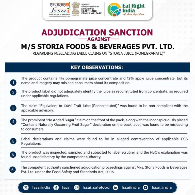 FSSAI notice detailing allegedly misleading label claims on Storia pomegranate juice