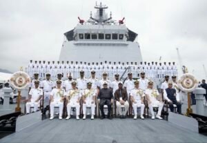 Karwar Gets Navy’s New Technology Testbed as INS Samarthak Joins Fleet With 75% Indigenous Content Vice-President C. P. Radhakrishnan with naval officers aboard INS Samarthak at Karwar