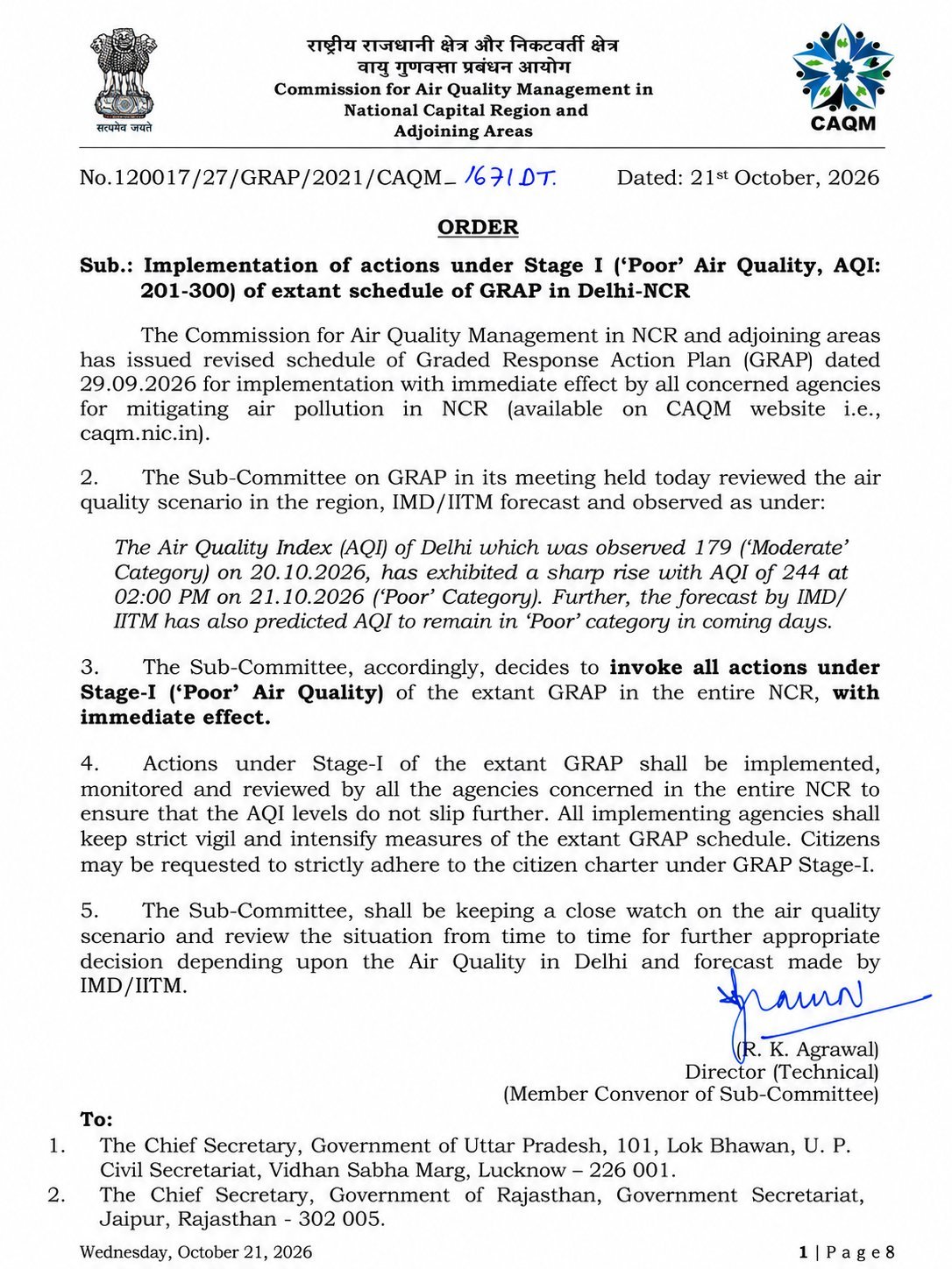 Delhi-NCR GRAP Stage I Invoked as AQI Hits 244; Traffic Police Urge Metro Use, Valid PUCC and No Idling CAQM order invoking GRAP Stage I across NCR on October 21, 2026