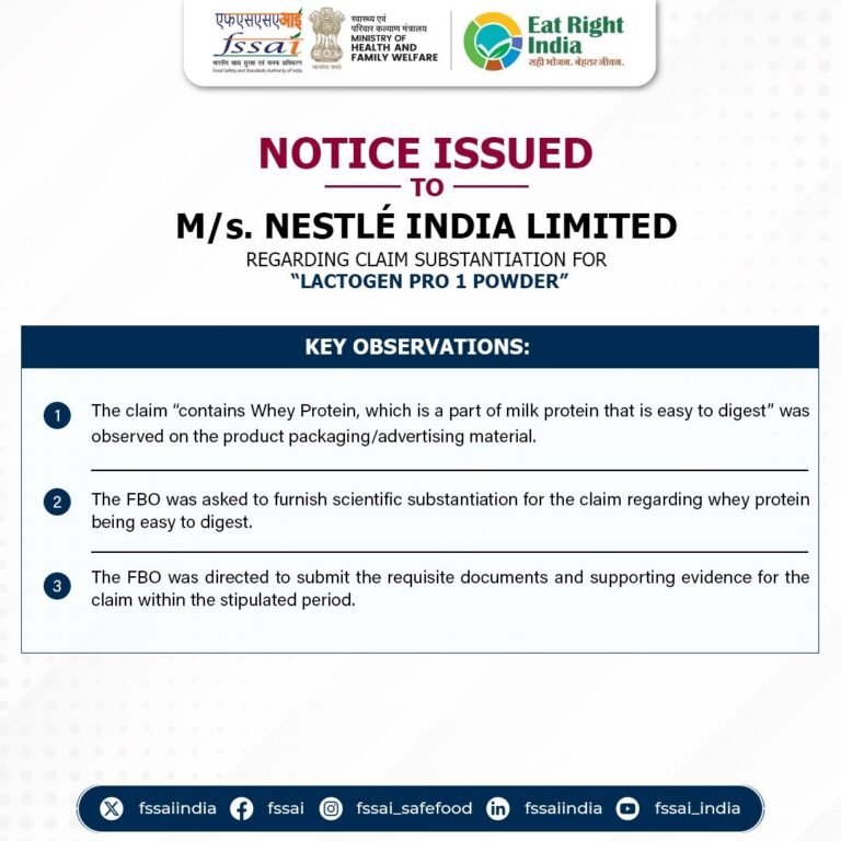 FSSAI notice to Nestlé India concerning Lactogen Pro 1 Powder claims