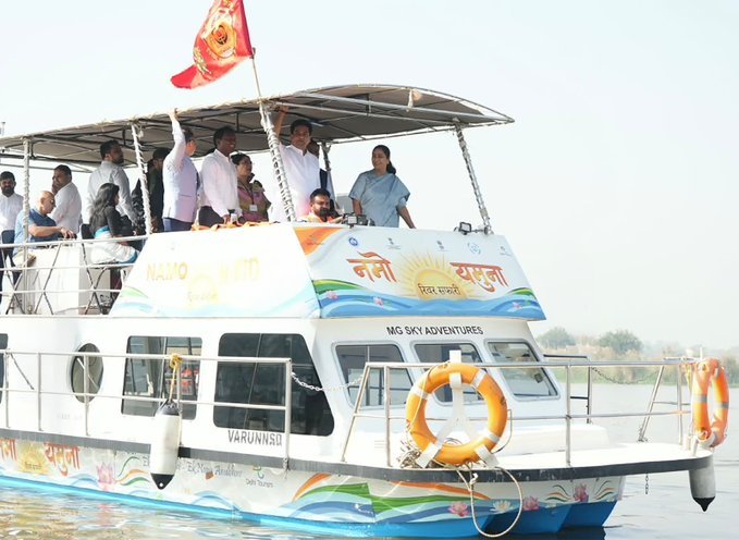 Namo Yamuna Cruise: ₹500 for a 40-Minute Ride; Public Launch Planned Before Chhath Rekha Gupta and officials aboard the Namo Yamuna Cruise Safari boat during the trial launch